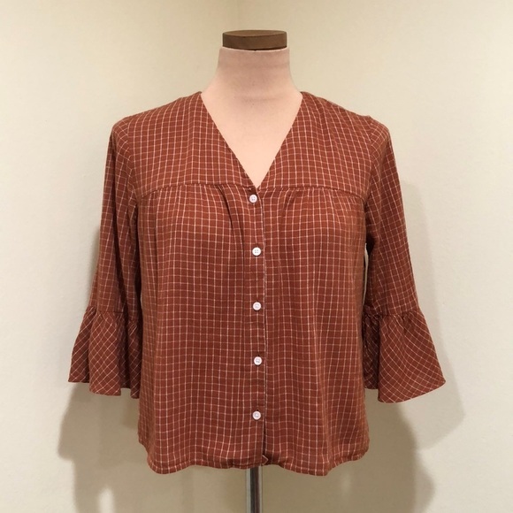 Madewell Veranda Bell Sleeve Windowpane Shirt Size Small Burnt Orange - Picture 2 of 9